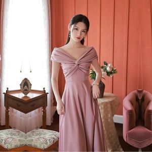 Korean style Pink satin party prom evening bridesmaids dress